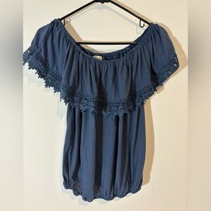 Paper + Tee Womens Large Blue Off Shoulder Ruffled Blue Top Casual Summer Vaca